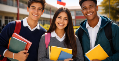 Becas para secundaria: alternativas y requisitos (actualizado a Chile) 6 Estudiantes de enseñanza media en Chile sonriendo frente a su colegio con cuadernos y mochilas
