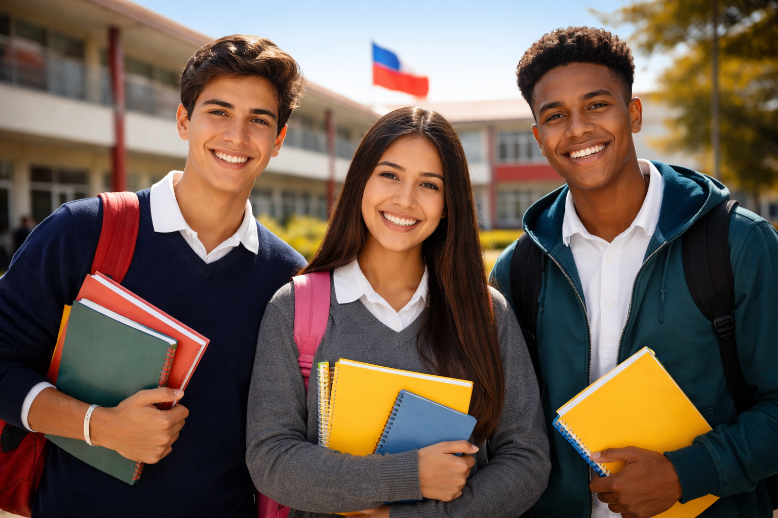 Becas para secundaria: alternativas y requisitos (actualizado a Chile) 1 Estudiantes de enseñanza media en Chile sonriendo frente a su colegio con cuadernos y mochilas