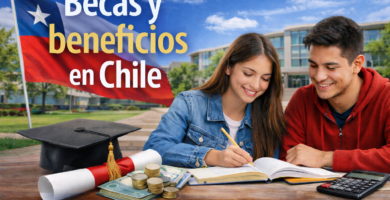 Estudiantes en campus universitario de Chile con libros y elementos académicos, imagen de portada sobre becas y beneficios en Chile