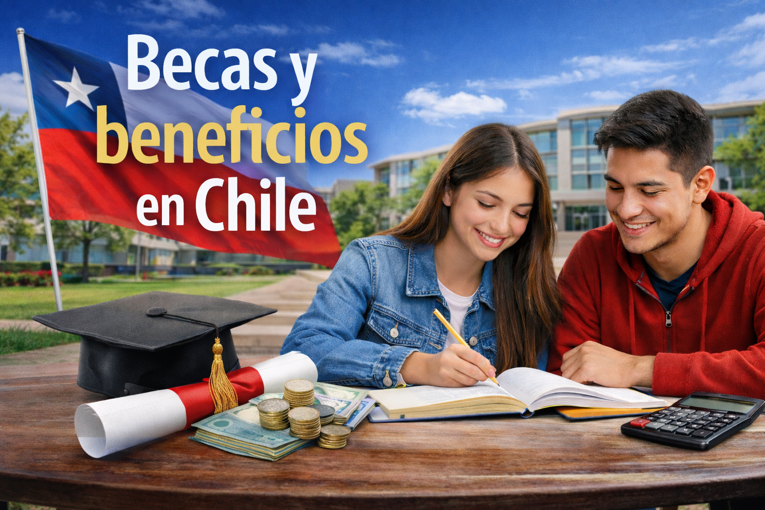 Estudiantes en campus universitario de Chile con libros y elementos académicos, imagen de portada sobre becas y beneficios en Chile