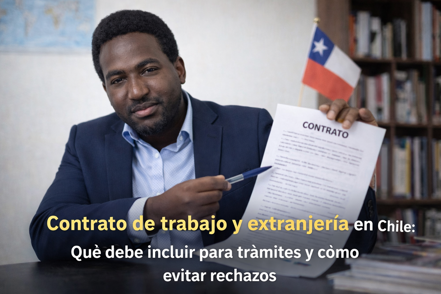 Contrato de trabajo y extranjería: qué debe incluir para trámites y cómo evitar rechazos 1 Stevenson Jacques mostrando un contrato en oficina, como imagen de portada sobre contrato de trabajo y extranjería en Chile.