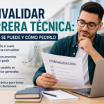 Estudiante revisando documentos para convalidar carrera técnica en Chile frente a un computador portátil