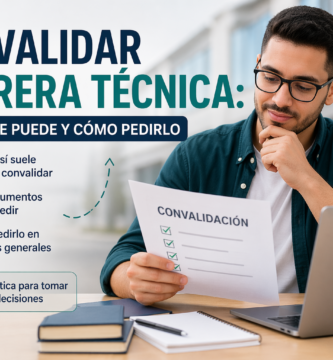 Convalidar carrera técnica: cuándo se puede y cómo pedirlo 2 Estudiante revisando documentos para convalidar carrera técnica en Chile frente a un computador portátil
