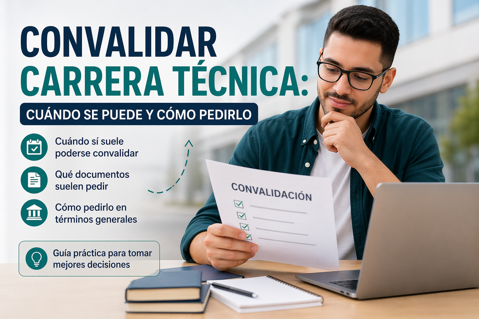Convalidar carrera técnica: cuándo se puede y cómo pedirlo 1 Estudiante revisando documentos para convalidar carrera técnica en Chile frente a un computador portátil
