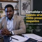 Stevenson Jacques en oficina moderna con documentos, laptop y texto sobre convalidar cursos en Chile