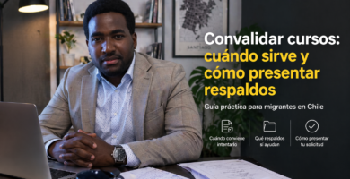 Convalidar cursos: cuándo sirve y cómo presentar respaldos 6 Stevenson Jacques en oficina moderna con documentos, laptop y texto sobre convalidar cursos en Chile