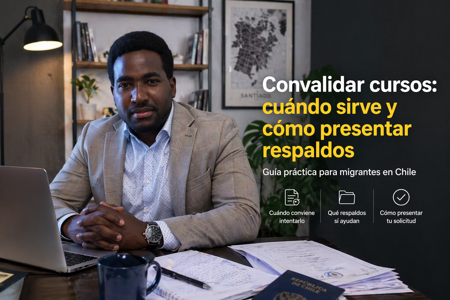 Convalidar cursos: cuándo sirve y cómo presentar respaldos 1 Stevenson Jacques en oficina moderna con documentos, laptop y texto sobre convalidar cursos en Chile