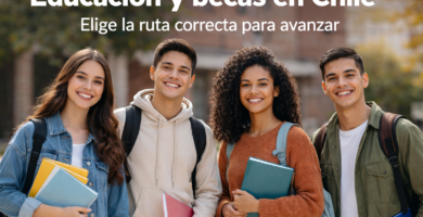 Estudiantes universitarios en campus de Chile con libros y mochilas, imagen de portada sobre educación y becas en Chile