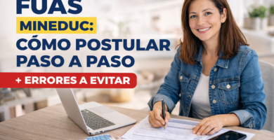 Estudiante completando el FUAS Mineduc en computador con documentos sobre la mesa