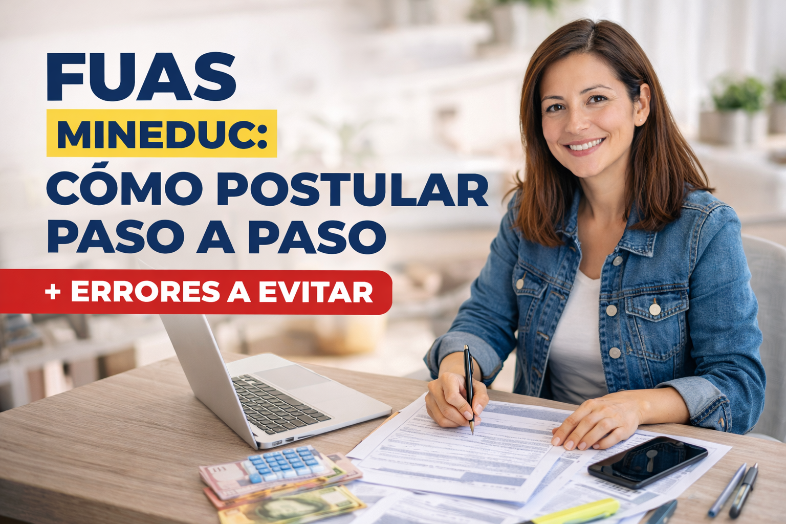 FUAS Mineduc: cómo postular paso a paso + errores que te dejan fuera 1 Estudiante completando el FUAS Mineduc en computador con documentos sobre la mesa