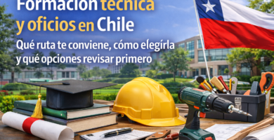 Imagen de portada sobre formación técnica y oficios en Chile con casco, herramientas, libros y bandera chilena en entorno educativo