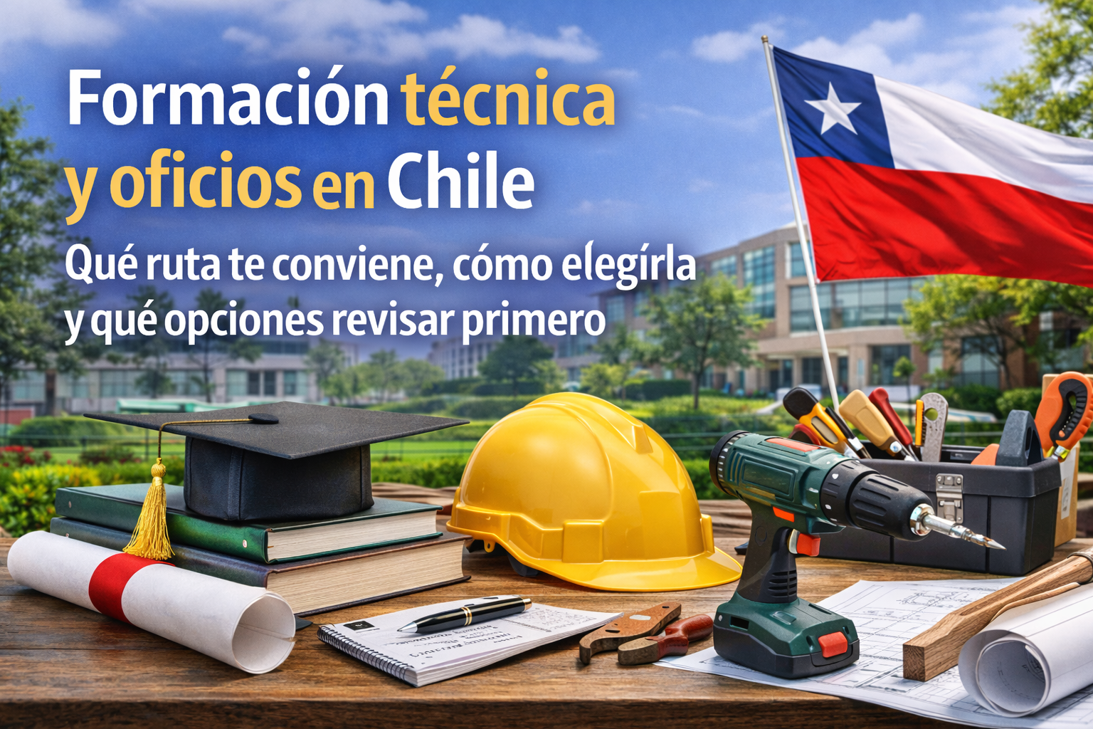 Imagen de portada sobre formación técnica y oficios en Chile con casco, herramientas, libros y bandera chilena en entorno educativo