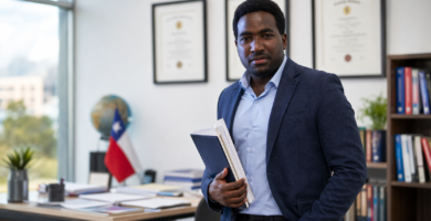 Homologación de títulos extranjeros en Chile: cómo funciona y qué documentos te piden 2 Stevenson Jacques con documentos académicos en oficina profesional, imagen de portada sobre homologación de títulos extranjeros en Chile
