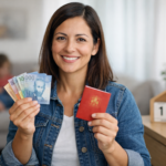Mujer revisando el pago de la asignación familiar en Chile con dinero en mano