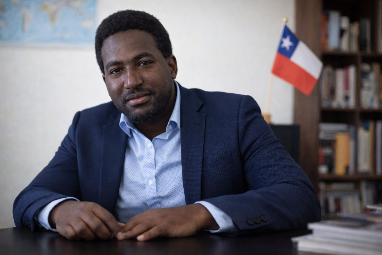 Stevenson Jacques en oficina, en formato horizontal, como imagen principal de la página de extranjería en Chile.