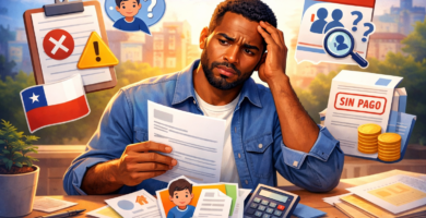 Hombre revisando documentos por problemas con cargas familiares en Chile, como carga no visible, datos duplicados o errores de registro