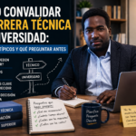 Stevenson Jacques en escritorio con laptop y apuntes, evaluando si conviene convalidar una carrera técnica en universidad
