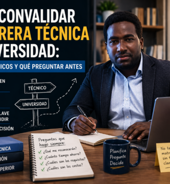 Stevenson Jacques en escritorio con laptop y apuntes, evaluando si conviene convalidar una carrera técnica en universidad