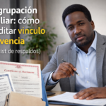 Stevenson Jacques en oficina con documentos de reagrupación familiar sobre el escritorio, en imagen horizontal para portada de artículo sobre vínculo y solvencia en Chile