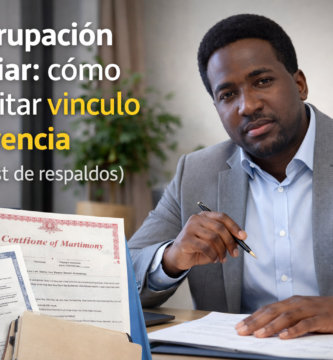 Stevenson Jacques en oficina con documentos de reagrupación familiar sobre el escritorio, en imagen horizontal para portada de artículo sobre vínculo y solvencia en Chile