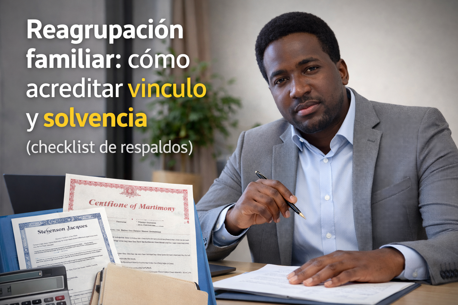 Reagrupación familiar: cómo acreditar vínculo y solvencia (checklist de respaldos) 1 Stevenson Jacques en oficina con documentos de reagrupación familiar sobre el escritorio, en imagen horizontal para portada de artículo sobre vínculo y solvencia en Chile