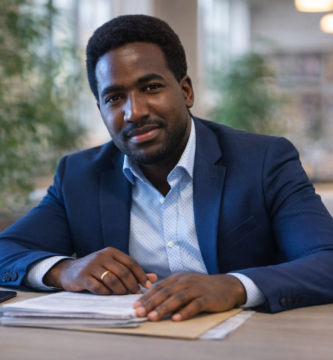 Residencia definitiva en chile: requisitos, plazos y paso a paso para postular 2 Stevenson Jacques en oficina moderna, con traje azul y documentos sobre el escritorio, en una imagen horizontal para la página de Extranjería.