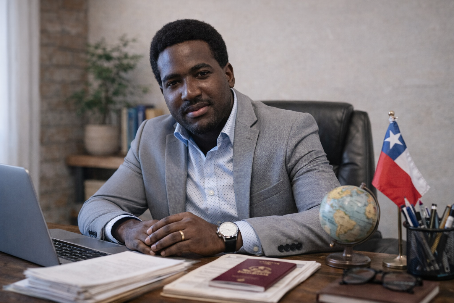 Permisos de trabajo en Chile: quién los necesita, tipos y errores frecuentes 1 Stevenson Jacques sentado en una oficina con documentos migratorios, imagen de portada sobre extranjería en Chile