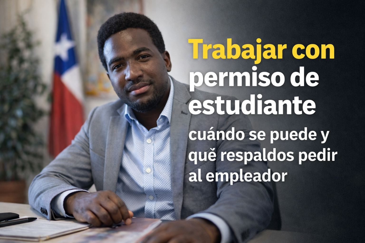 Trabajar con permiso de estudiante: cuándo se puede y qué respaldos pedir al empleador 1 Stevenson Jacques en oficina, en imagen horizontal para artículo sobre trabajar con permiso de estudiante en Chile