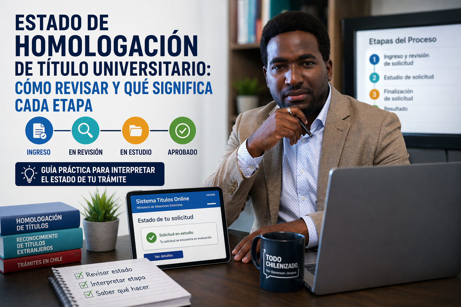 Stevenson Jacques en oficina moderna, portada sobre estado de homologación de título universitario en Chile