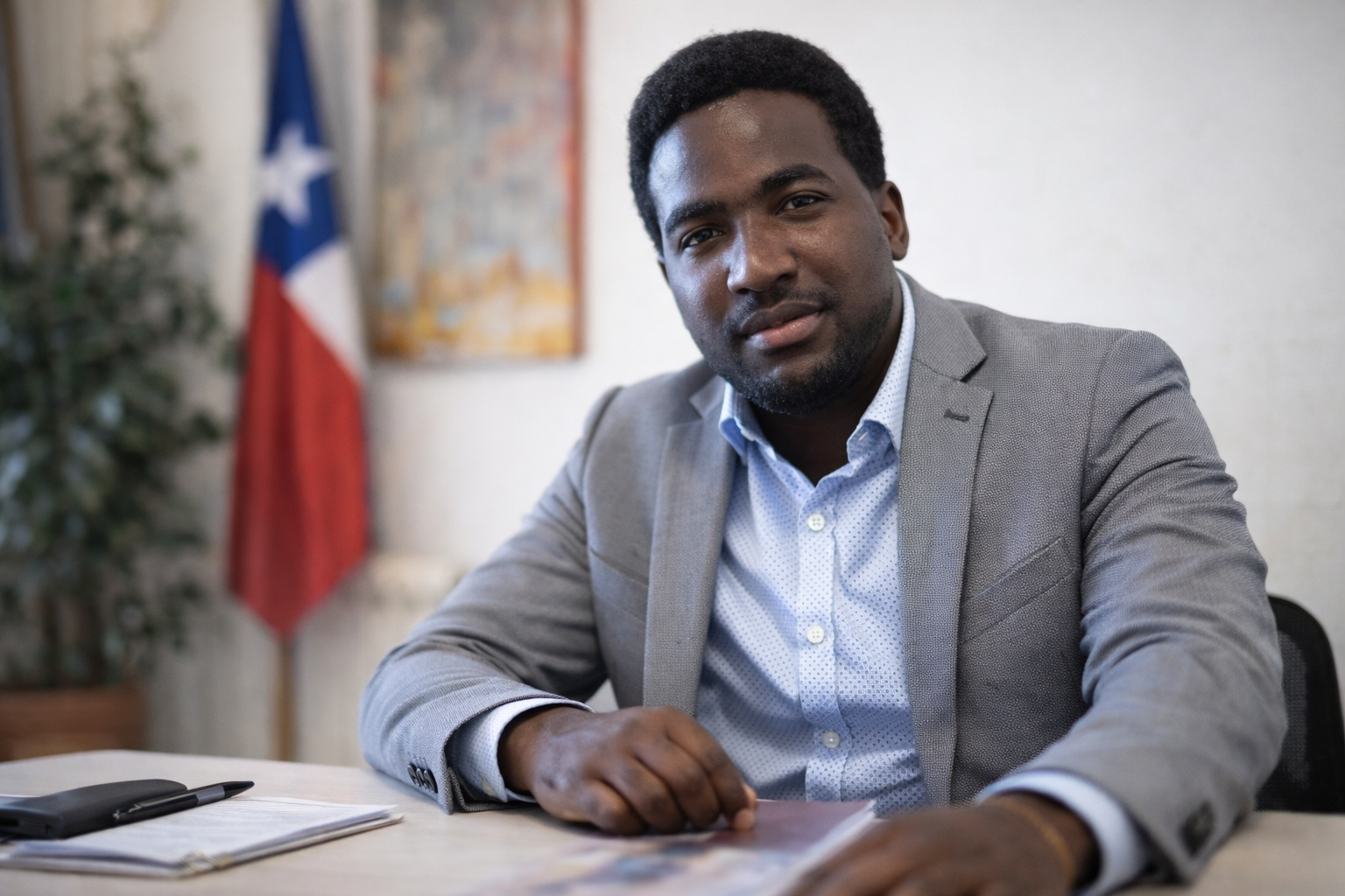 Stevenson Jacques en oficina, en imagen horizontal para artículo sobre trabajar sin permiso de trabajo en Chile