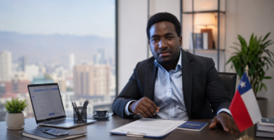 Trámite digital de extranjería: cómo funciona, claves, adjuntos y errores que más rechazan 18 Stevenson Jacques en oficina con laptop y documentos, representando el trámite digital de extranjería en Chile