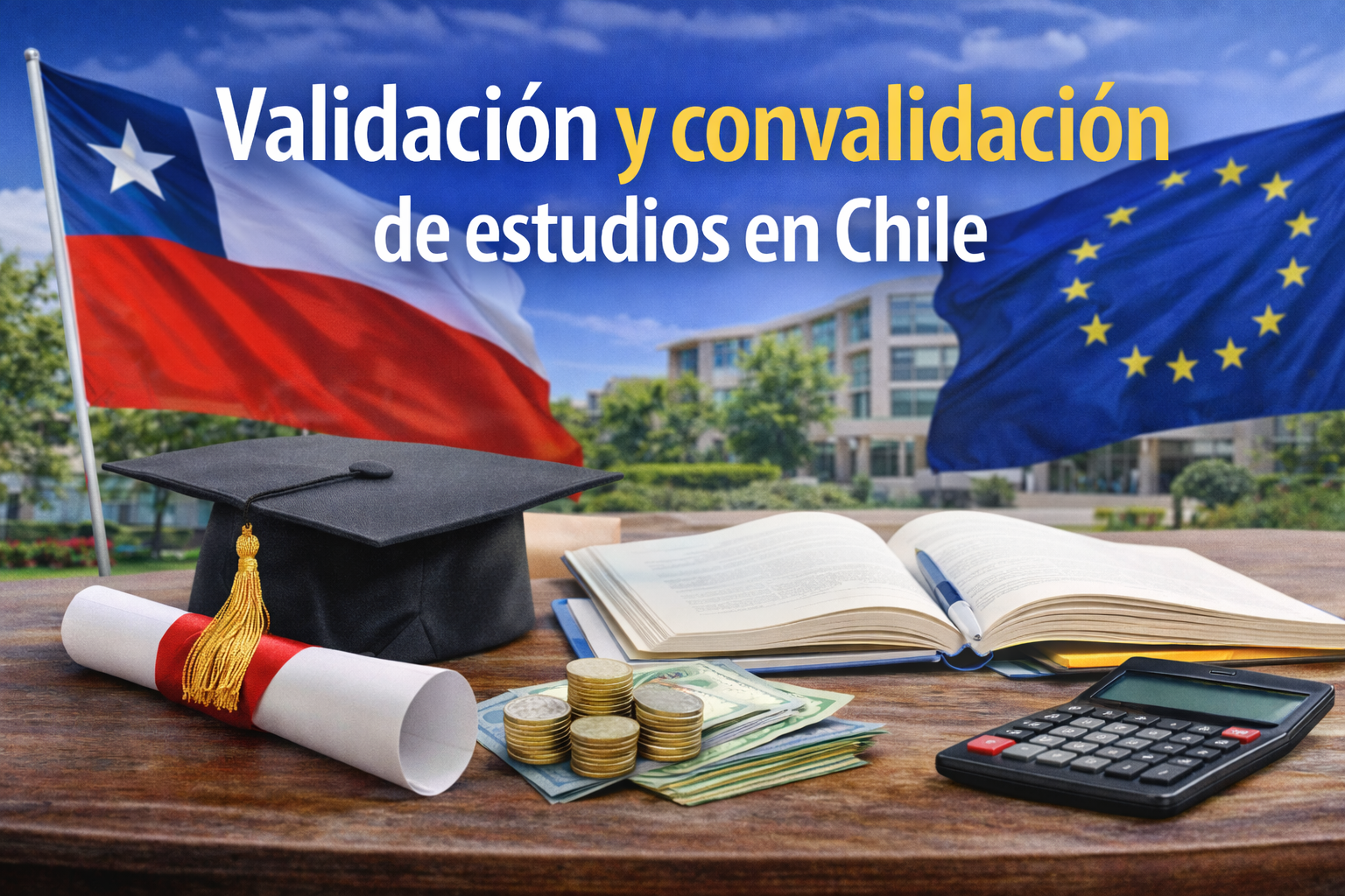 Validación y convalidación de estudios en Chile: cómo saber qué trámite te corresponde y por dónde empezar 1 Imagen de portada sobre validación y convalidación de estudios en Chile con birrete, diploma, libro y banderas en escritorio académico