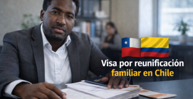 Stevenson Jacques en una oficina con documentos migratorios sobre el escritorio, en una imagen horizontal para un artículo sobre visa por reunificación familiar en Chile.