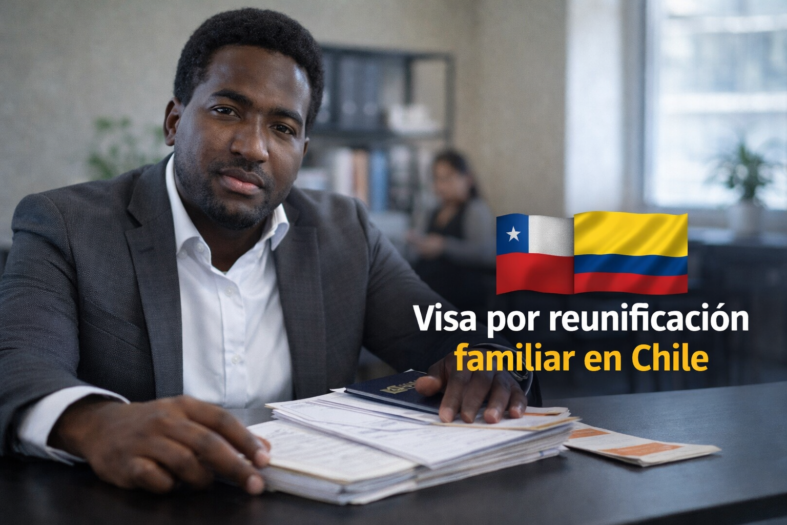 Visa por reunificación familiar en chile: requisitos, documentos y paso a paso 1 Stevenson Jacques en una oficina con documentos migratorios sobre el escritorio, en una imagen horizontal para un artículo sobre visa por reunificación familiar en Chile.