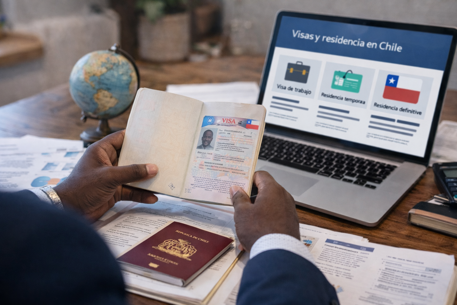 Visas y residencia en Chile: tipos, requisitos y cómo elegir la vía correcta 1 Stevenson Jacques revisando un pasaporte y documentos sobre visas y residencia en Chile en una oficina