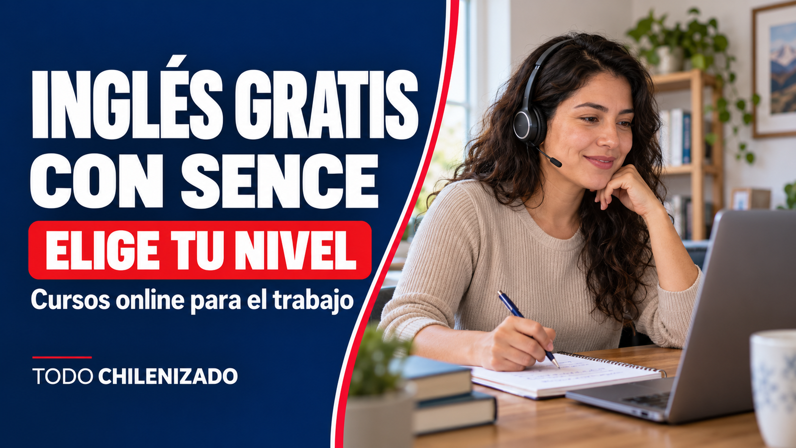 Mujer con audífonos estudiando frente a un computador junto al texto «Inglés gratis con SENCE».