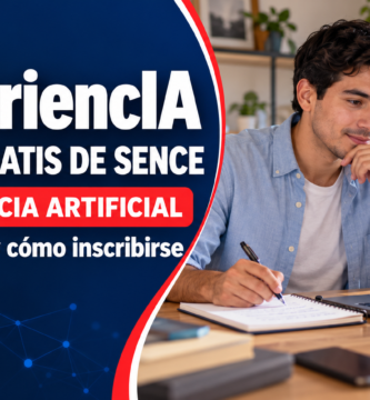 Hombre estudiando con un computador y tomando notas junto al texto «ExperiencIA: curso gratis de SENCE».