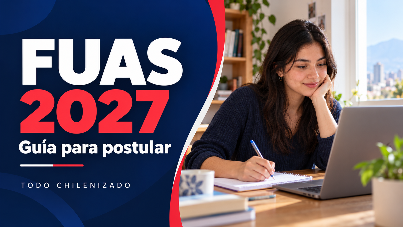 Estudiante con un computador y cuaderno junto al texto «FUAS 2027: Guía para postular».