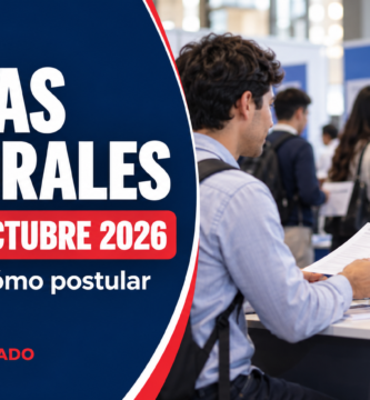Postulante entregando su currículum a una reclutadora junto al título «Ferias laborales: Chile, octubre 2026».