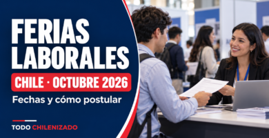 Postulante entregando su currículum a una reclutadora junto al título «Ferias laborales: Chile, octubre 2026».