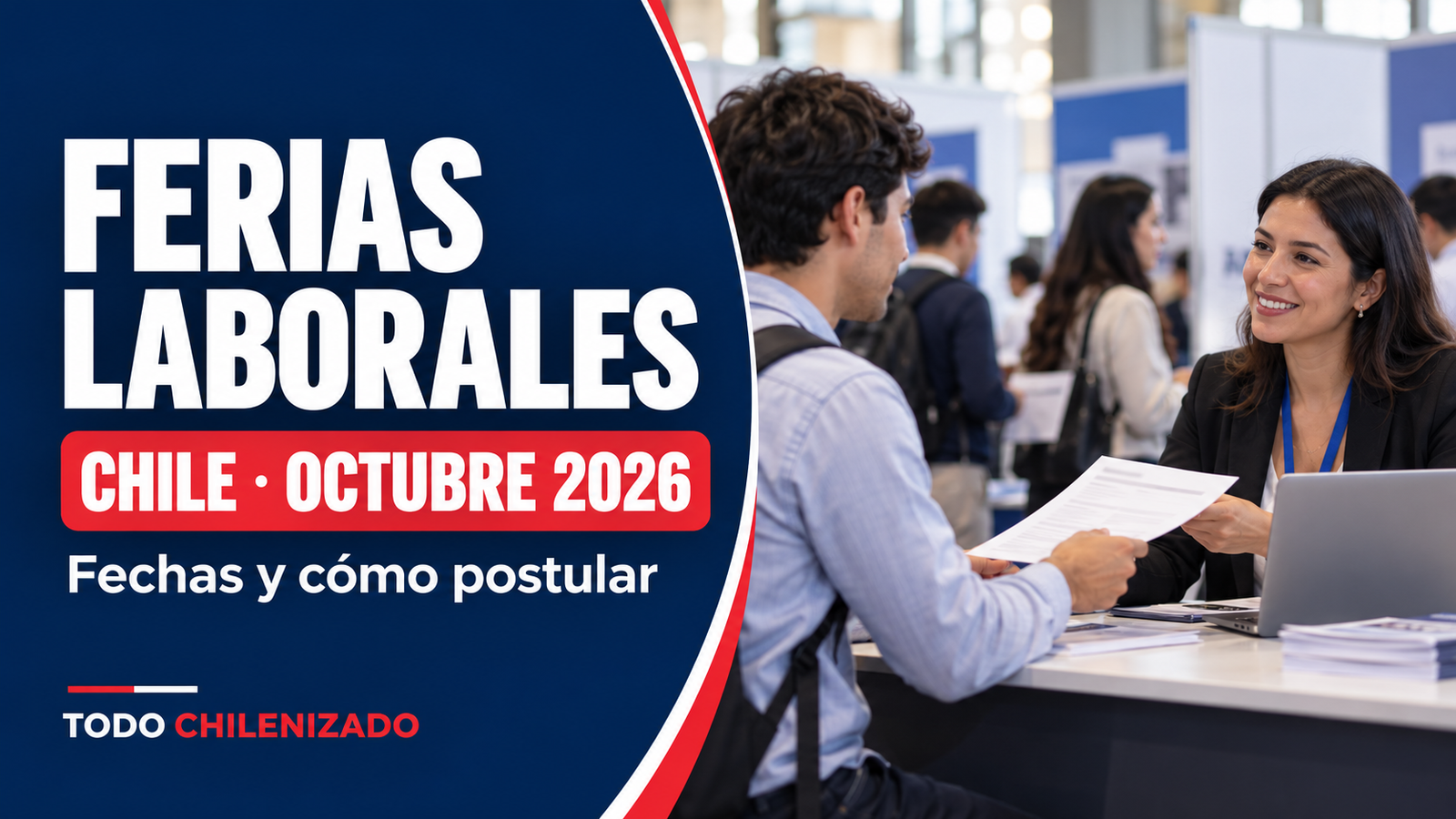 Postulante entregando su currículum a una reclutadora junto al título «Ferias laborales: Chile, octubre 2026».